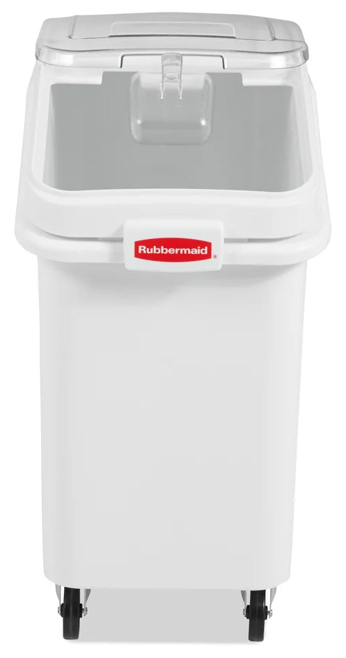 Rubbermaid FG360288WHT ProSave Mobile Slant Front Ingredient Bin with Sliding Hinged Lid & 32 oz Scoop - 500 cup/cap