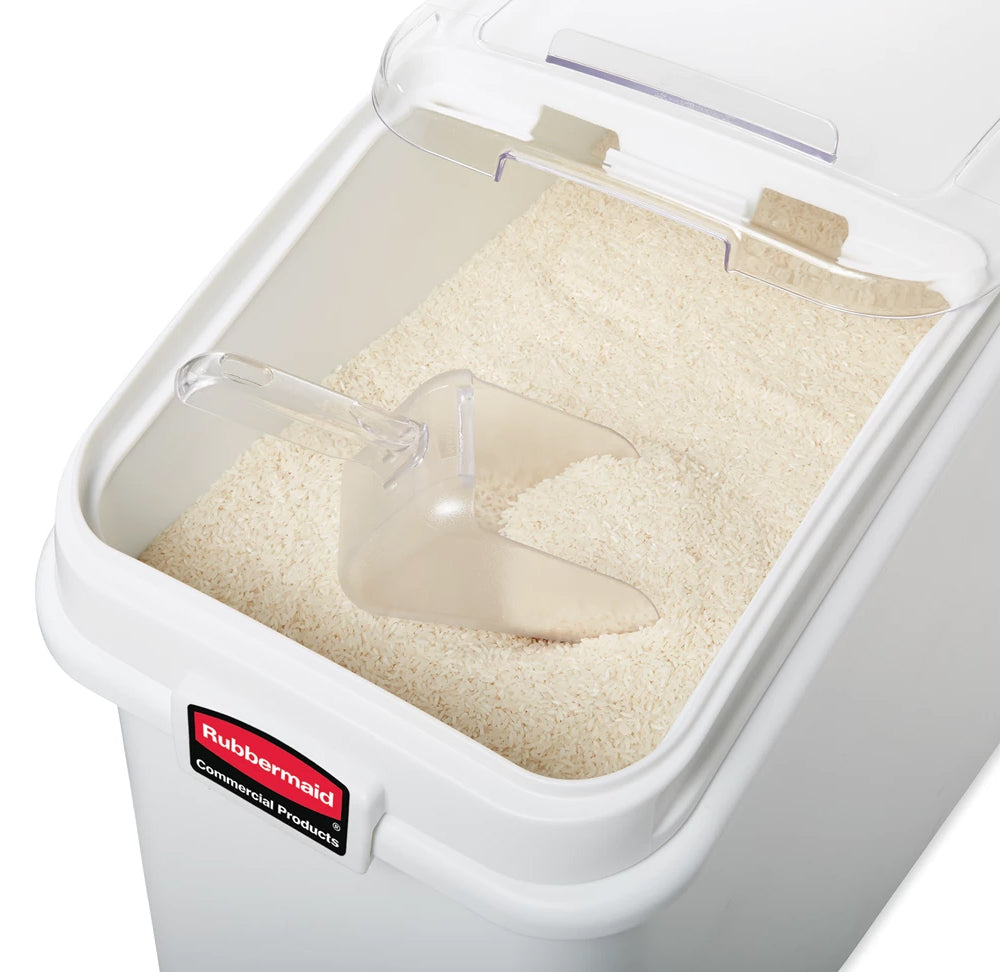 Rubbermaid FG360288WHT ProSave Mobile Slant Front Ingredient Bin with Sliding Hinged Lid & 32 oz Scoop - 500 cup/cap
