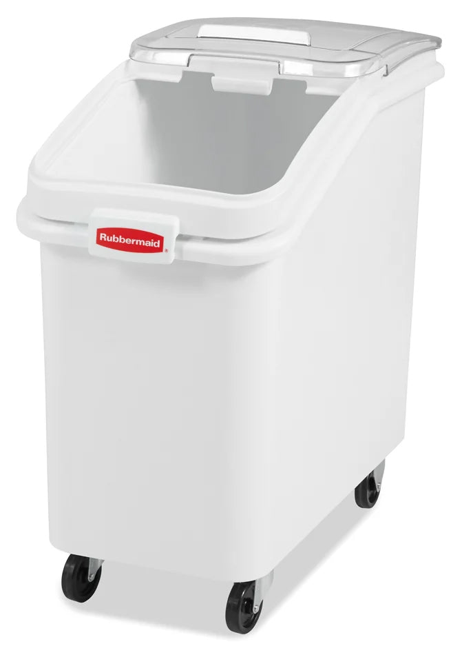 Rubbermaid FG360288WHT ProSave Mobile Slant Front Ingredient Bin with Sliding Hinged Lid & 32 oz Scoop - 500 cup/cap