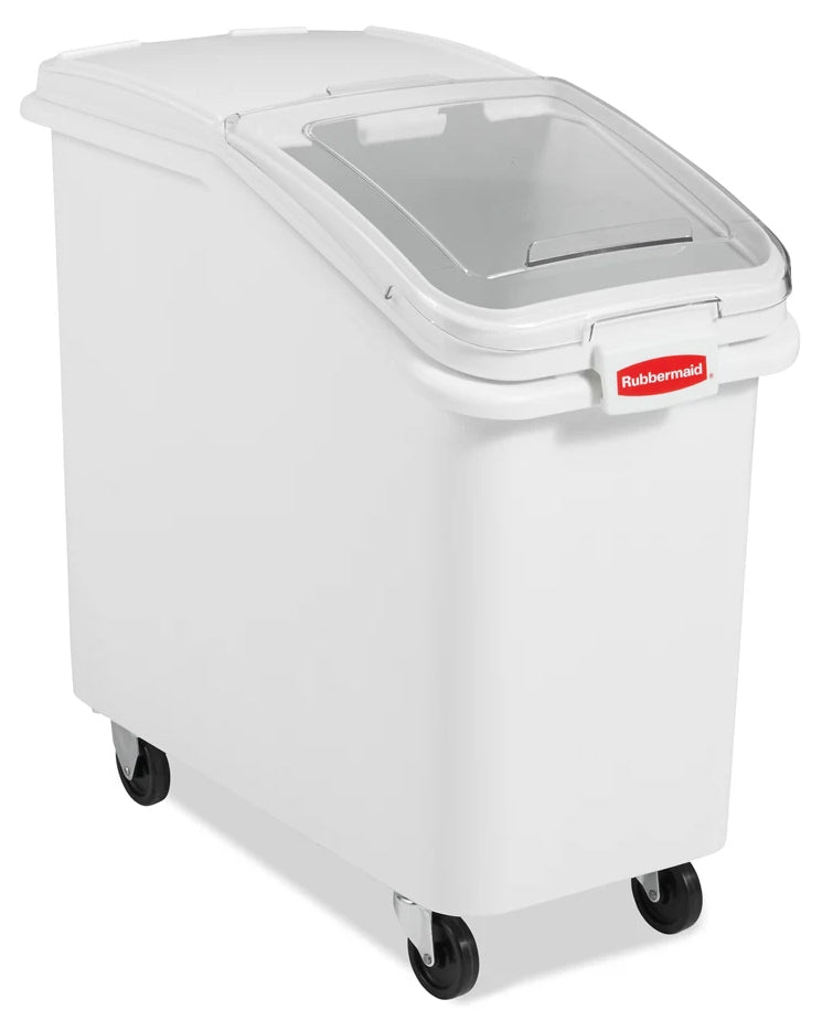 Rubbermaid FG360288WHT ProSave Mobile Slant Front Ingredient Bin with Sliding Hinged Lid & 32 oz Scoop - 500 cup/cap