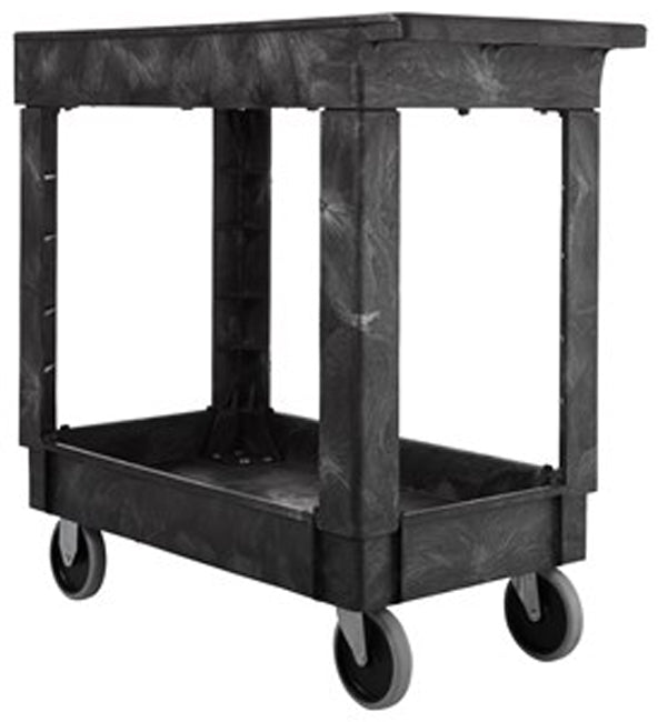 Rubbermaid FG9T6600BLA 500 lb. Small 2 Shelf Heavy-Duty Utility Cart with Lipped Shelf 34" x 17" x 31"H - Black