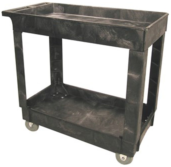 Rubbermaid FG9T6600BLA 500 lb. Small 2 Shelf Heavy-Duty Utility Cart with Lipped Shelf 34" x 17" x 31"H - Black