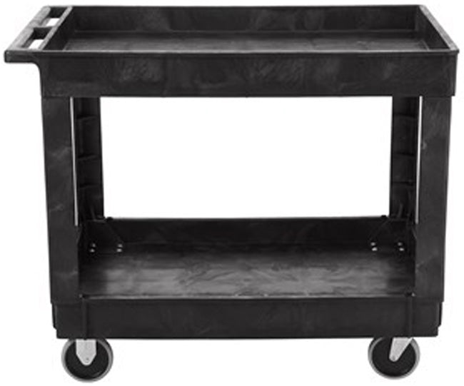 Rubbermaid FG9T6700BLA 500 lb. Medium 2 Shelf Heavy-Duty Utility Cart with Lipped Shelf 40" x 25" x 32"H - Black