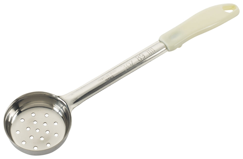 Winco FPP-3 One-Piece Stainless Steel Perforated Round Food Portioner with Ivory Plastic Handle 3 oz.