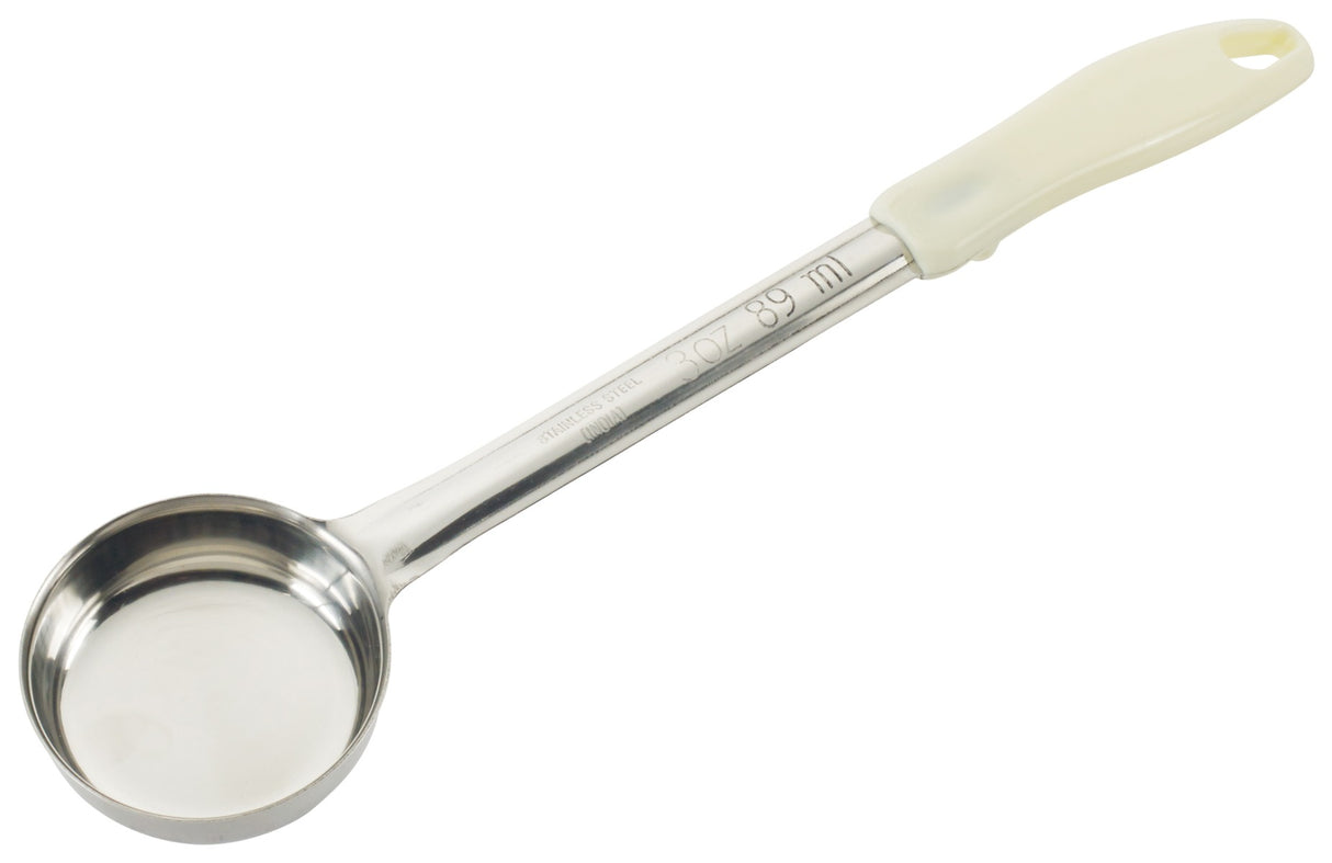 Winco FPS-3 One-Piece Stainless Steel Solid Round Food Portioner with Ivory Plastic Handle 3 oz.