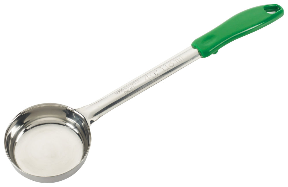 Winco FPS-4 One-Piece Stainless Steel Solid Round Food Portioner with Green Plastic Handle 4 oz. - 12/Case