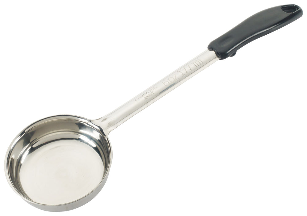 Winco FPS-6 One-Piece Stainless Steel Solid Round Food Portioner with Black Handle 6 oz.