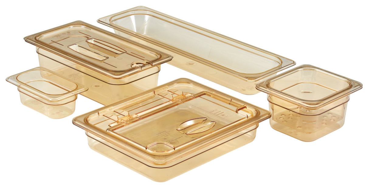 Cambro 64HP150 H-Pan High Heat Plastic Food Pan 4" Deep - 1/6 Size - Amber