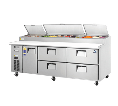 Everest Refrigeration EPPR3-D4 3-Section 1 Door / 4 Drawer Pizza Prep Table Refrigerator with Cutting Board 94" - Holds (12) 1/3 size pans - 30 Cu. Ft. - 115v