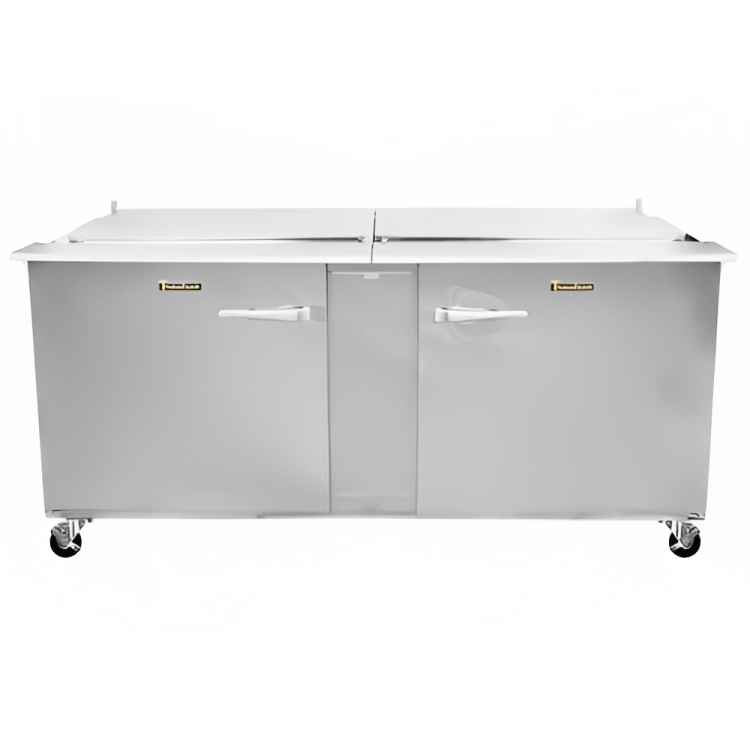 Traulsen UST7212-LL 2-Section Left/Left Hinged 2 Door Refrigerated Salad/Sandwich Prep Table with Low Profile Flat Lid 72" - Holds (12) 1/6 Size Pans - 20 cu. ft. - 115v