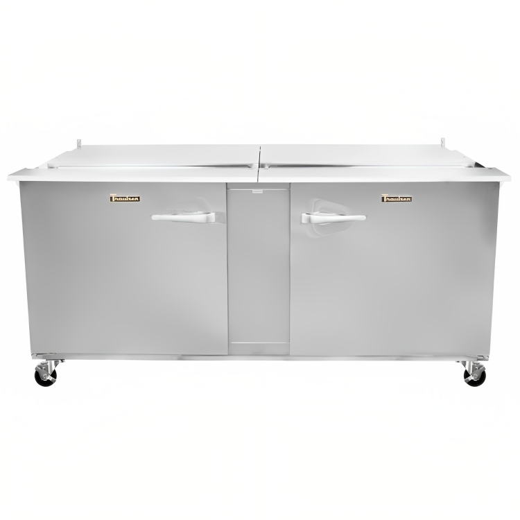 Traulsen UST7224-LR 2-Section Left/Right Hinged 2 Door Refrigerated Salad/Sandwich Prep Table with Low Profile Flat Lid 72" - Holds (24) 1/6 Size Pans - 20 cu. ft. - 115v