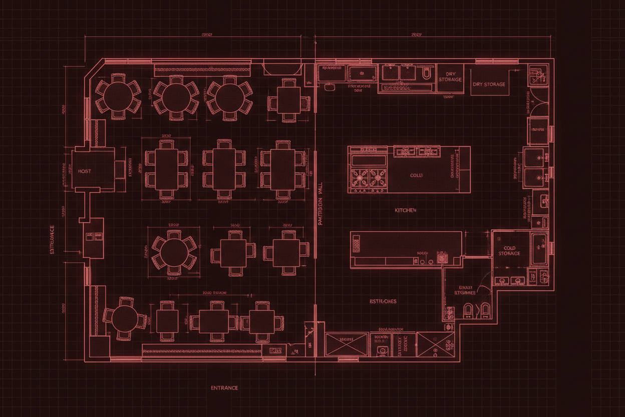 in the blueprint show a dining room and kitchen as part of the design