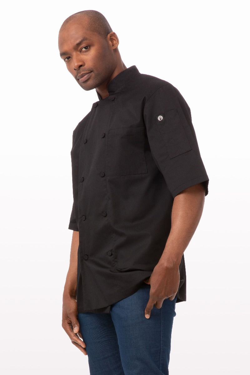 Chef Works JLCVBLK2XL Unisex Montreal Cool Vent Short Sleeve Double-Breasted Chef Coat with Cloth Covered Buttons - Black / 2X-Large