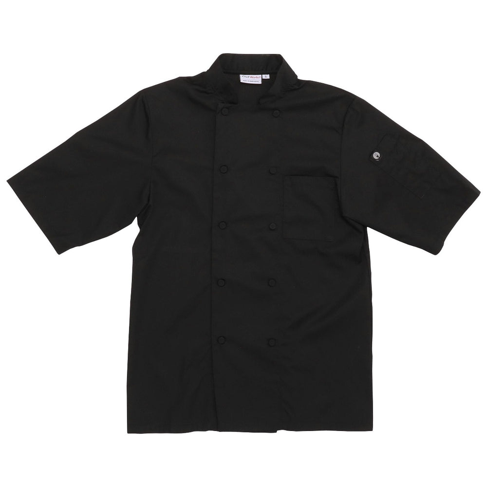 Chef Works JLCVBLKM Unisex Montreal Cool Vent Short Sleeve Double-Breasted Chef Coat with Cloth Covered Buttons - Black / Medium