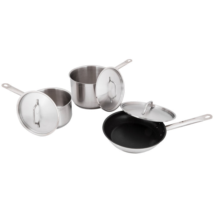 Vollrath 3820 Deluxe 6-Piece Induction Ready Stainless Steel Optio Cookware Set - Includes: 2.75 Qt., 4 Qt. Sauce Pans, and 9.5" Non-stick Fry Pan and Covers