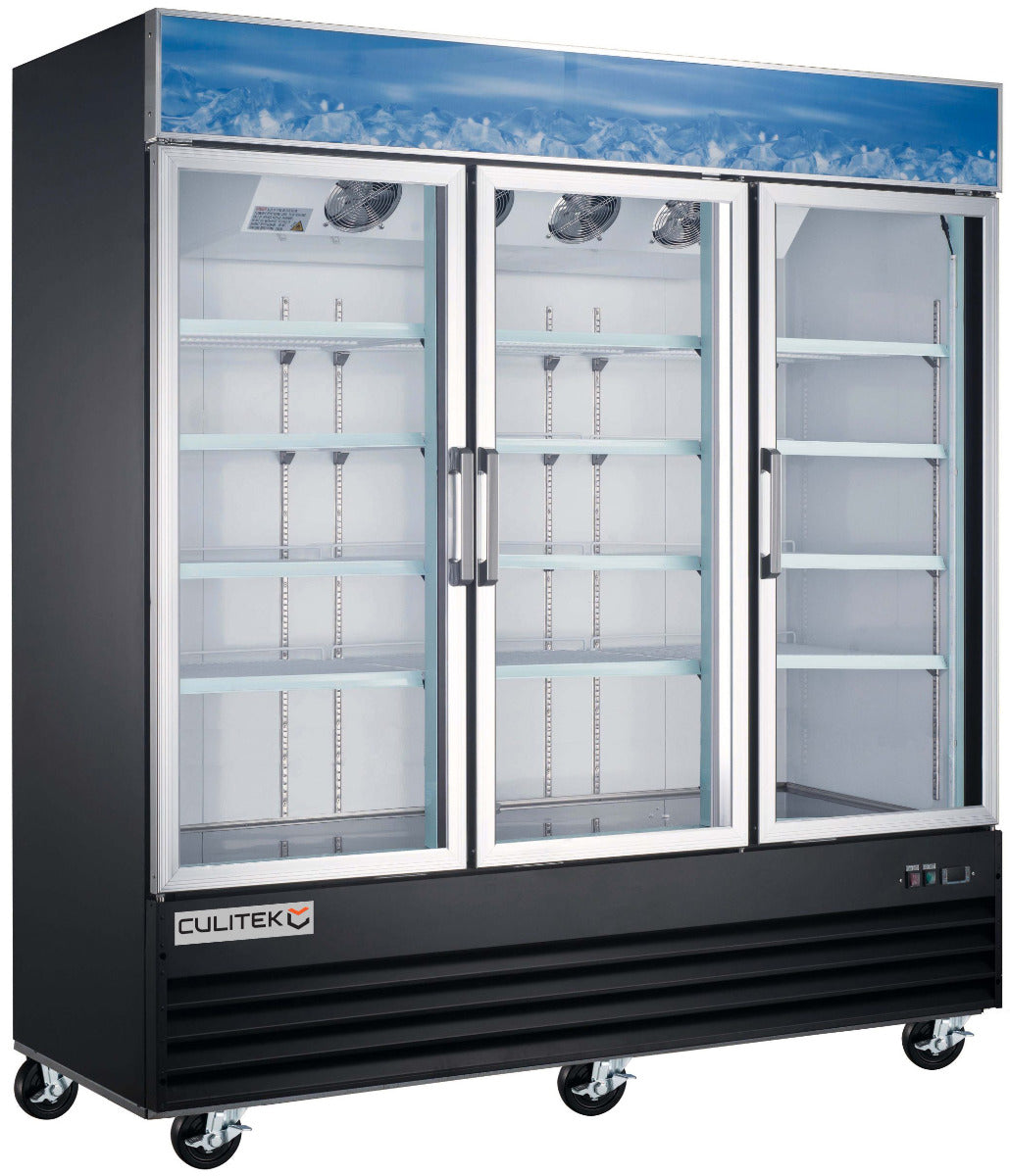 Culitek MRFS-3D/79 SS-Series Black 3-Section 3 Glass Swing Door Merchandiser Refrigerator 78-1/4" - 53 cu. ft. - 115v