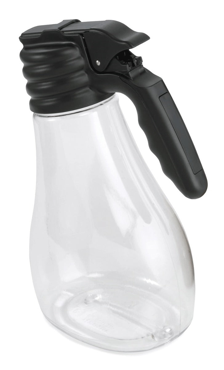 TableCraft N481 Option Polycarbonate Salad Dressing Dispenser Set with Black Plastic Top and (10) Name Tags and (1) White Tray 48 oz. - Clear - Set of 6