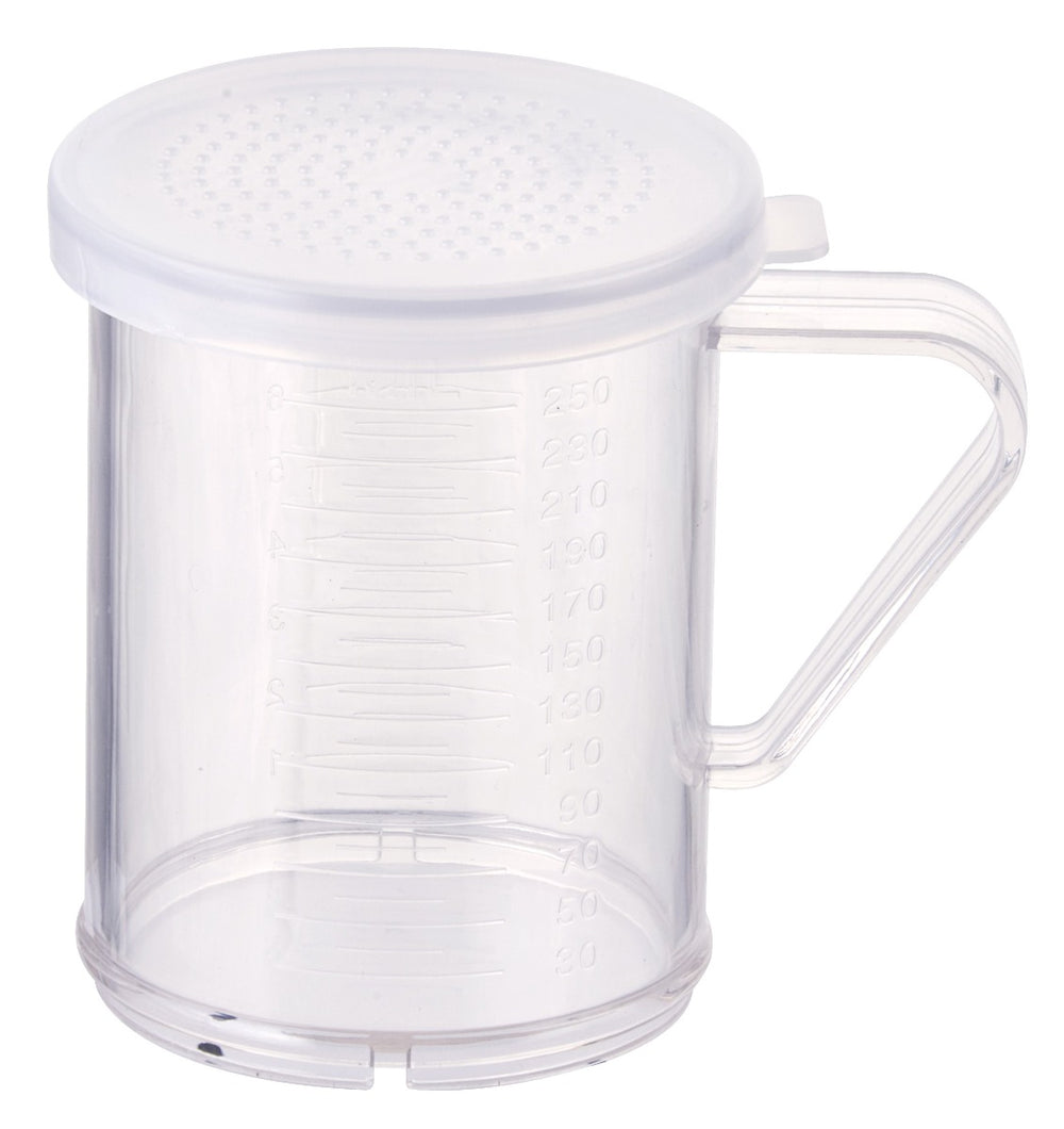 Winco PDG-10 Polycarbonate Shaker / Dredge with Handle & (3) Clear Lids (S, M, L) 10 oz. - Clear - 12/Case