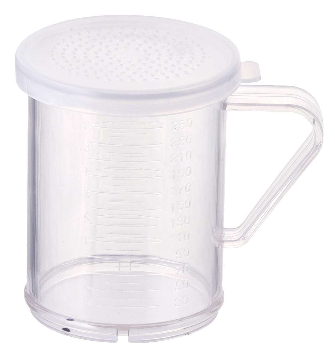 Winco PDG-10 Polycarbonate Shaker / Dredge with Handle & (3) Clear Lids (S, M, L) 10 oz. - Clear - 12/Case