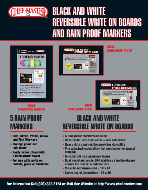 Chef Master 90031 Large Black & White Reversible Write-On Marker Board 24" x 36" with (5) Rainproof Markers