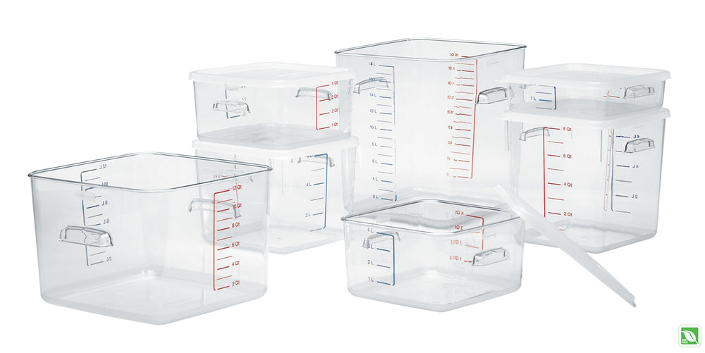 Rubbermaid FG630800CLR Plastic Space-Saving Square Food Storage Container with Liter and Qt. Gradations 8 qt. - Clear