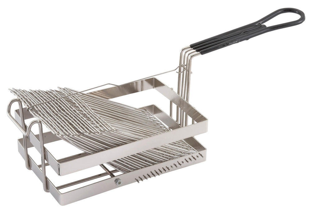 Winco TB-18 Nickel-Plated Steel Tostada Fry Basket with Front Hook and Black Plastic Handle 10-1/2" x 6-1/2" x 5-1/4"H - Holds (18) 6" Shells