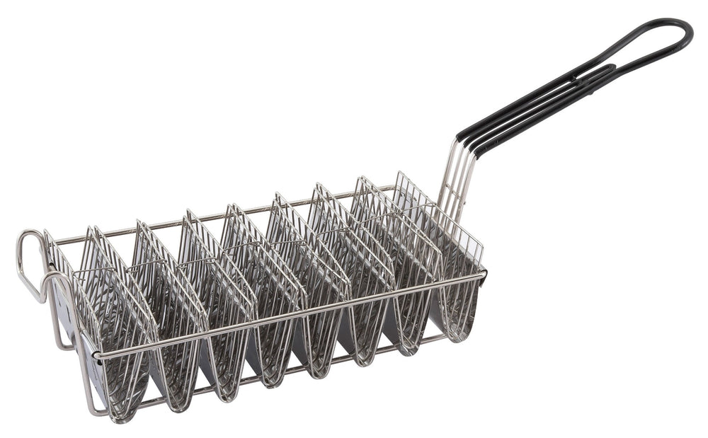 Winco TB-8 Nickel-Plated Rectangular Taco Shell Fry Basket with Front Hook and Black Plastic Handle - Holds (8) 6" Folded Shells