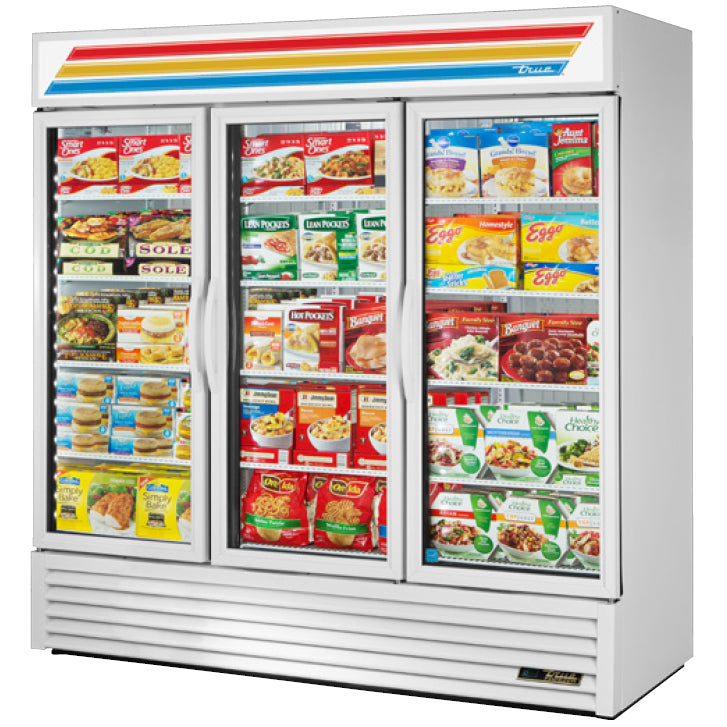 True GDM-72F-HC three glass door commercial merchandiser freezer white 78 inch