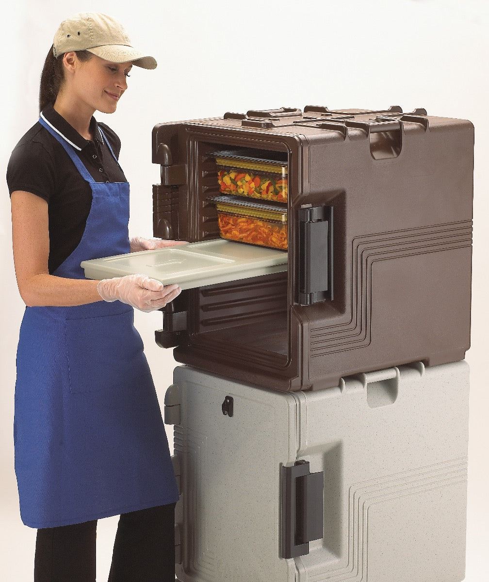 Cambro UPCS400131 Ultra Pan Carrier S-Series Front Loading Insulated Food Pan Carrier with Menu Clip 18" 60 qt. - Dark Brown - (6) Full Size 2-1/2" Deep Pan Capacity