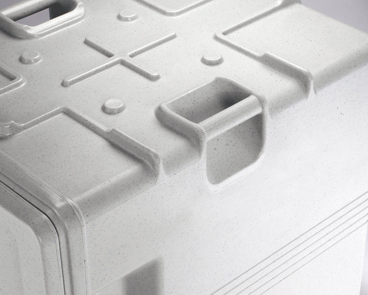 Cambro UPCS400480 Ultra Pan Carrier S-Series Front Loading Insulated Food Pan Carrier with Menu Clip  18" 60 qt. - Speckled Gray - (6) Full Size 2-1/2" Deep Pan Capacity