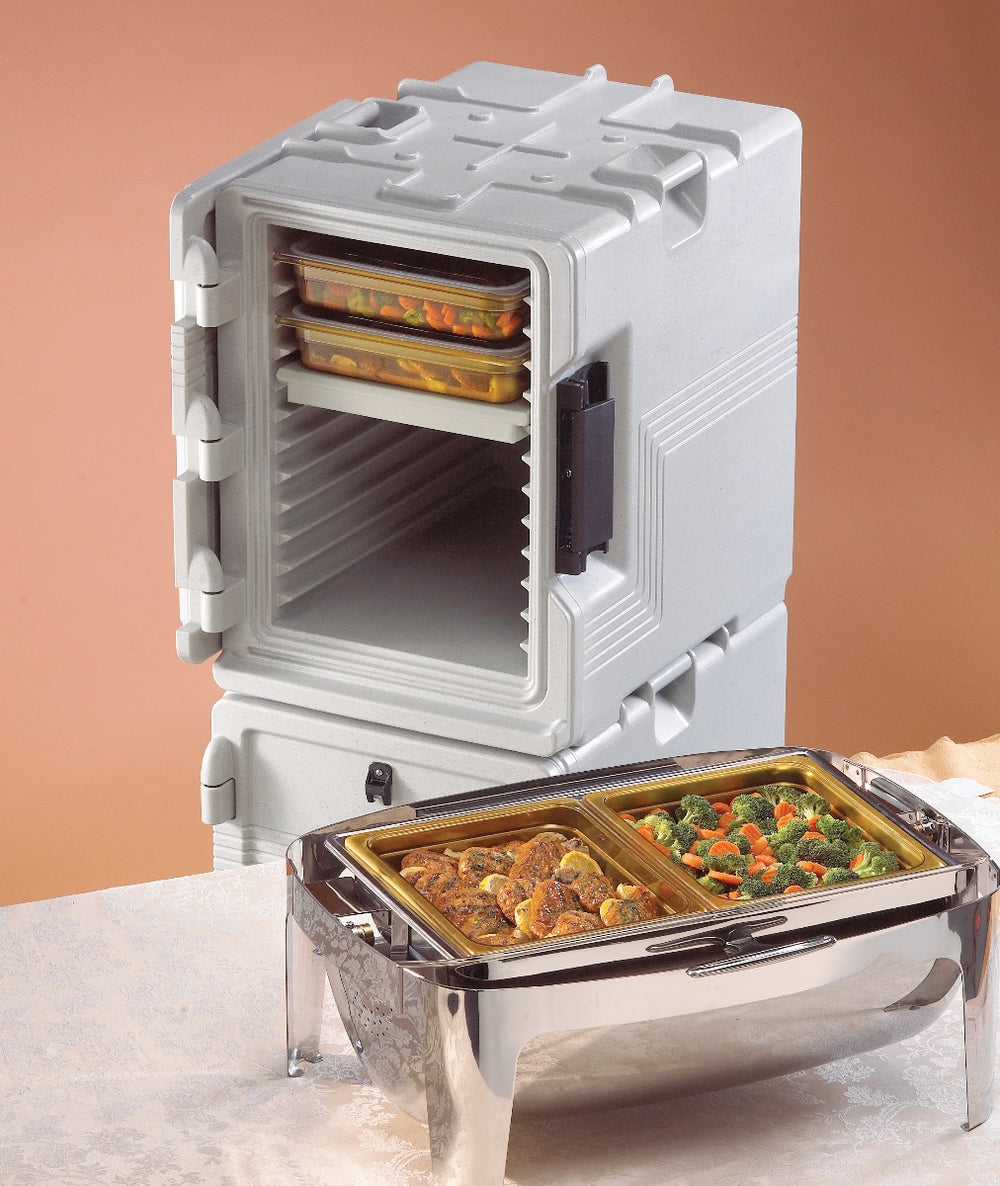 Cambro UPCS400480 Ultra Pan Carrier S-Series Front Loading Insulated Food Pan Carrier with Menu Clip  18" 60 qt. - Speckled Gray - (6) Full Size 2-1/2" Deep Pan Capacity