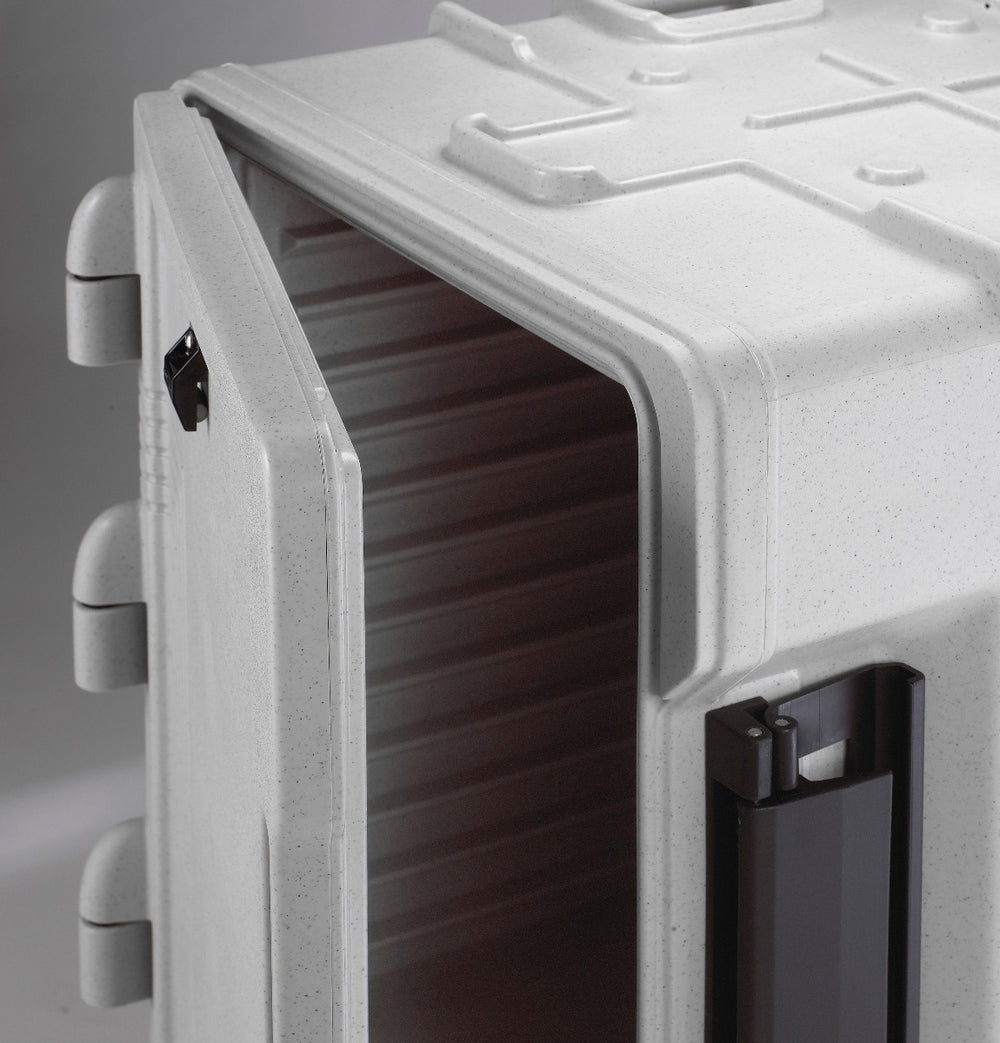 Cambro UPCS400480 Ultra Pan Carrier S-Series Front Loading Insulated Food Pan Carrier with Menu Clip  18" 60 qt. - Speckled Gray - (6) Full Size 2-1/2" Deep Pan Capacity