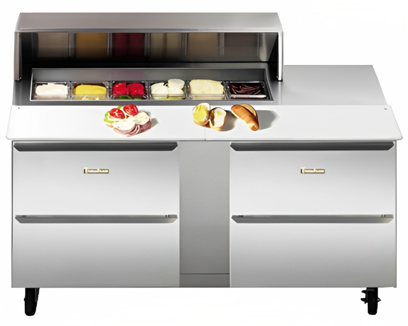 Traulsen UPT7212-RR-SB 2-Section 2 Right/Right Hinged Door Refrigerated Salad/Sandwich Prep Table with Roll-Top Lid & Stainless Steel Back 72" - Holds (12) 1/6 Size Pans - 24.5 cu. ft. - 115v