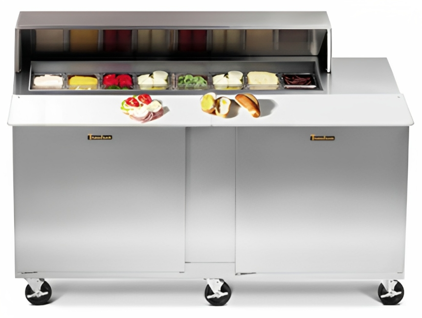 Traulsen UPT7224-LL-SB 2-Section 2 Left/Left Hinged Door Refrigerated Salad/Sandwich Prep Table with Roll-Top Lid & Stainless Steel Back 72" - Holds (24) 1/6 Size Pans - 24.5 cu. ft. - 115v