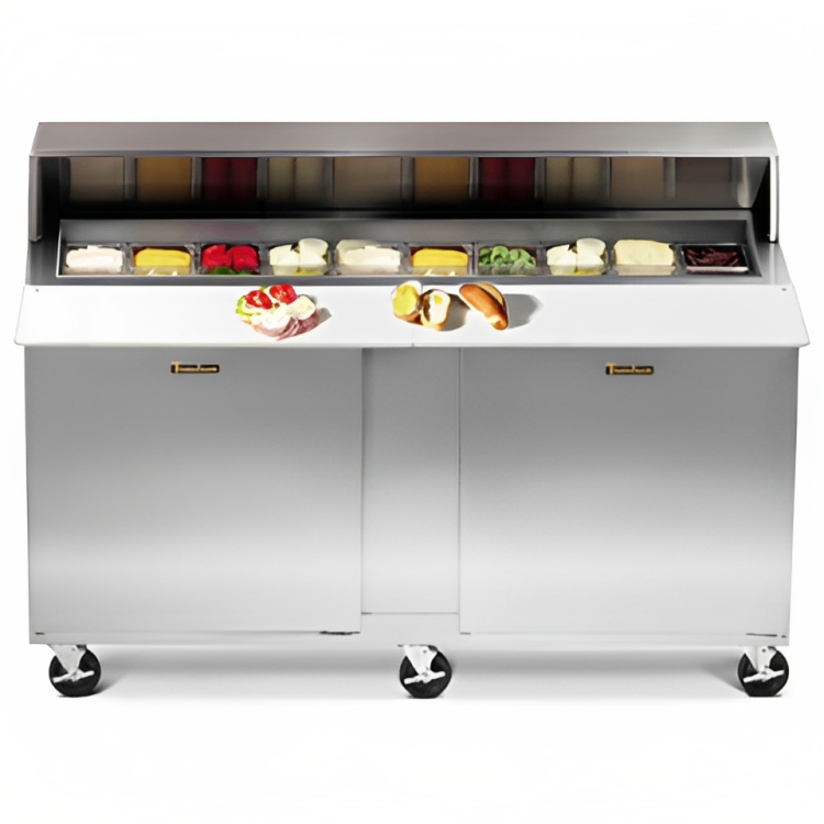 Traulsen UPT7230-RR-SB 2-Section 2 Right/Right Hinged Door Refrigerated Salad/Sandwich Prep Table with Roll-Top Lid & Stainless Steel Back 72" - Holds (30) 1/6 Size Pans - 24.5 cu. ft. - 115v