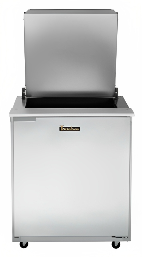 Traulsen UST279-R-SB 1-Section Right Hinged 1 Door Refrigerated Salad/Sandwich Prep Table with Low Profile Flat Lid & Stainless Steel Back 27" - Holds (9) 1/6 Size Pans - 7.7 cu. ft. - 115v