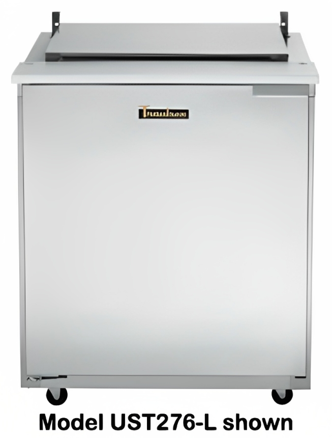 Traulsen UST2312-L-SB 1-Section Left Hinged 1 Door Refrigerated Salad/Sandwich Prep Table with Low Profile Flat Lid & Stainless Steel Back 32" - Holds (12) 1/6 Size Pans - 8.8 cu. ft. - 115v