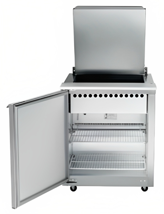 Traulsen UST238-L 1-Section Left Hinged 1 Door Refrigerated Salad/Sandwich Prep Table with Low Profile Flat Lid 32" - Holds (8) 1/6 Size Pans - 8.8 cu. ft. - 115v