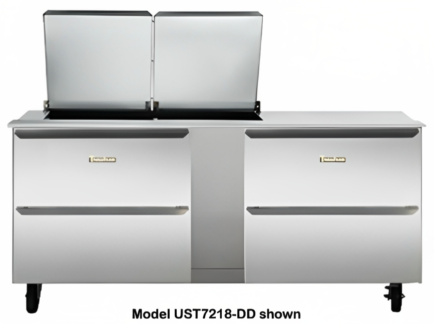 Traulsen UST7212-DD 2-Section 4 Drawer Refrigerated Salad/Sandwich Prep Table with Low Profile Flat Lid 72" - Holds (12) 1/6 Size Pans - 20 cu. ft. - 115v