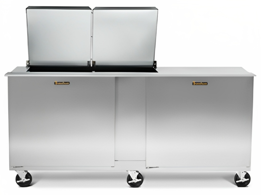 Traulsen UST7218-LR 2-Section Left/Right Hinged 2 Door Refrigerated Salad/Sandwich Prep Table with Low Profile Flat Lid 72" - Holds (18) 1/6 Size Pans - 20 cu. ft. - 115v