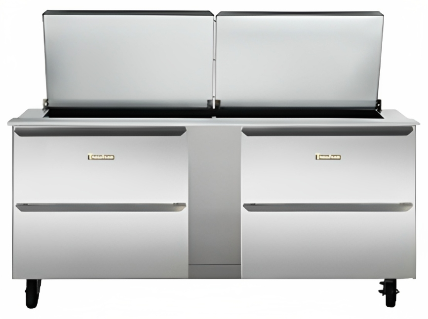 Traulsen UST7230-DD 2-Section 4 Drawer Refrigerated Salad/Sandwich Prep Table with Low Profile Flat Lid 72" - Holds (30) 1/6 Size Pans - 20 cu. ft. - 115v