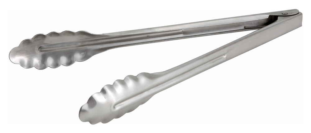Winco UT-12HT Coiled Spring Extra Heavy-Weight Stainless Steel Scalloped Utility Tongs 12"