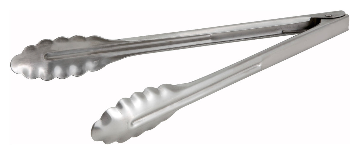 Winco UT-12HT Coiled Spring Extra Heavy-Weight Stainless Steel Scalloped Utility Tongs 12"