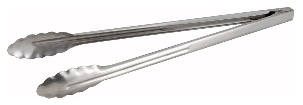 Winco UT-16HT Coiled Spring Extra Heavy-Weight Stainless Steel Scalloped Utility Tongs 16"