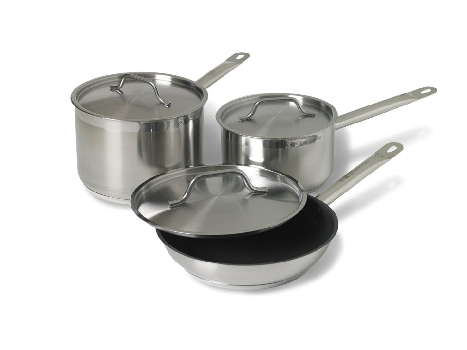 Vollrath 3820 Deluxe 6-Piece Induction Ready Stainless Steel Optio Cookware Set - Includes: 2.75 Qt., 4 Qt. Sauce Pans, and 9.5" Non-stick Fry Pan and Covers