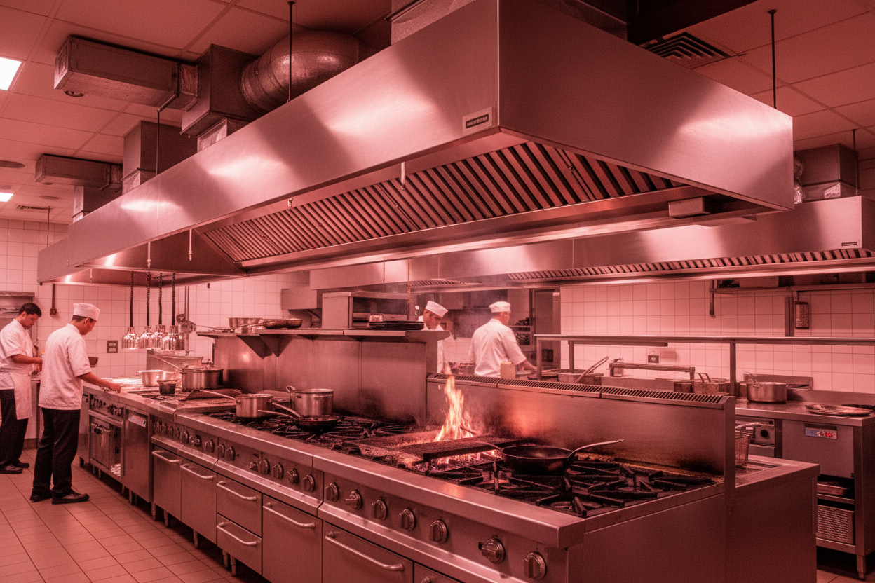 vent hood over restaurant cooking equipment. Have a red tint