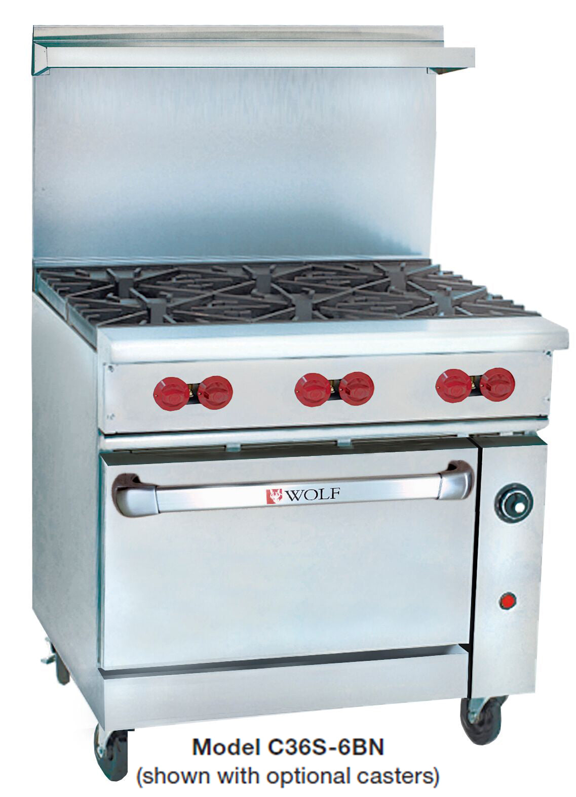 Wolf C36S-6BN 36 inch commercial gas range with 6 burners and standard oven base stainless steel