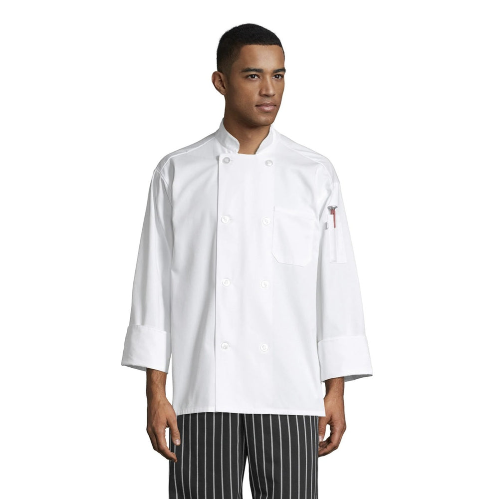 Uncommon Threads 0400-2503 Unisex Long Sleeve Double-Breasted Chef Coat with Pearl Buttons - White / Medium