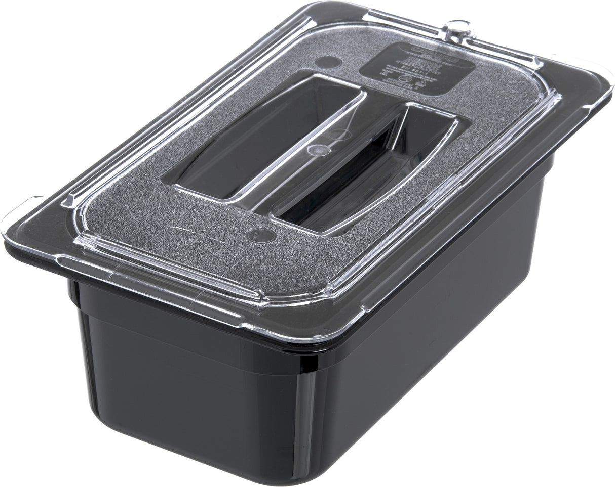Carlisle 10290U07 StorPlus Universal Polycarbonate Food Pan Cover with Handle - 1/4 Size - Clear
