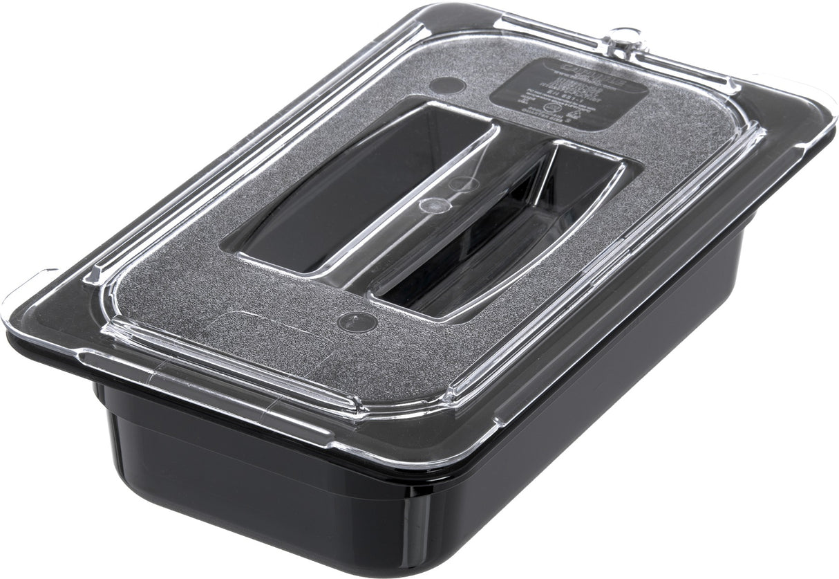 Carlisle 10290U07 StorPlus Universal Polycarbonate Food Pan Cover with Handle - 1/4 Size - Clear